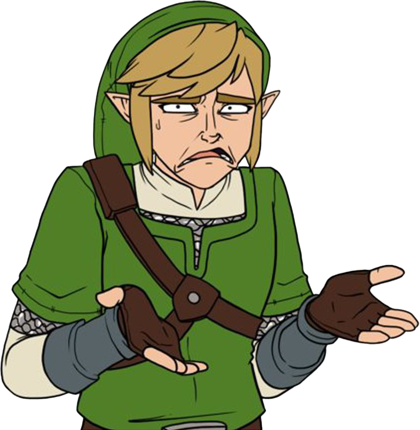 A drawing of Link with a confused look on his face and his hands in front of him expressing confusion.