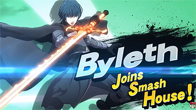 The announcement screen showing an image of Byleth from Fire Emblem that says Byleth Joins Smash House!