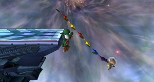 A picture of Yoshi hanging onto the edge of a stage preventing Olimar from grabbing that same edge.