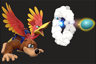 Banjo and Kazooie performing the move Egg Firing.