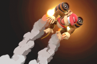 Diddy Kong performing the move Rocketbarrel Boost.