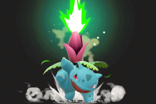 Ivysaur performing the move Bullet Seed.