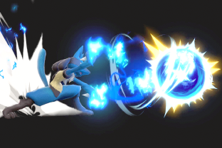 Lucario performing the move Aura Sphere.