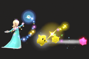 Rosalina and Luma performing the move Star Bits.