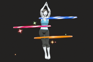 Wii Fit Trainer performing the move Super Hoop.