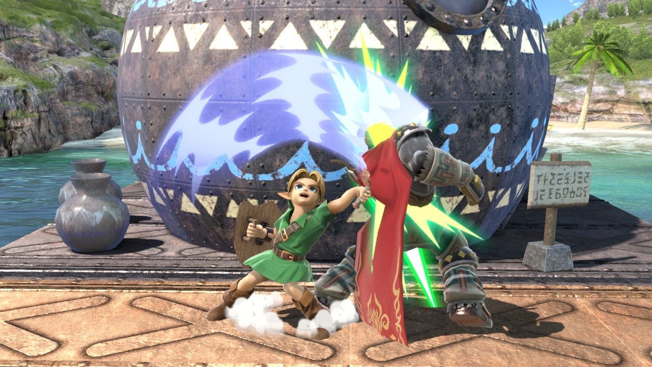Young Link peforming the up tilt attack in Super Smash Bros Ultimate on the Termina stage.