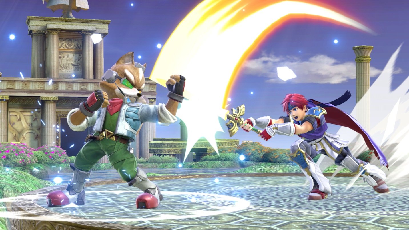 Fox performing a perfect shield parry against Roy in Super Smash Bros Ultimate on the Battlefield stage.