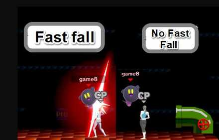Two Kirbys showing the difference between attacking in the air while fast-falling and while dropping at regular speed in Super Smash Bros Ultimate.
