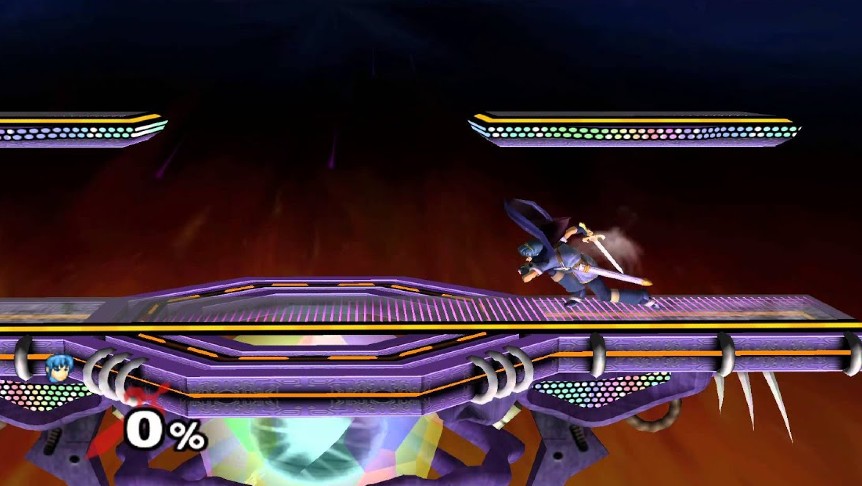 Marth wave-dashing on the Final Destination stage in Super Smash Bros Melee.