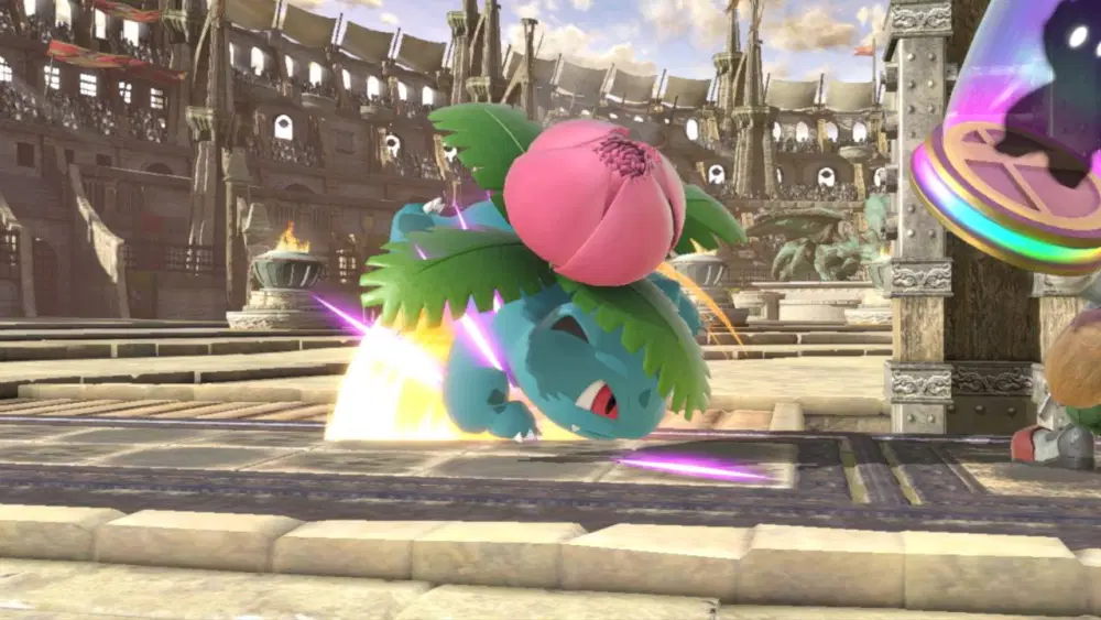 Ivysaur peforming a tech landing in Super Smash Bros Ultimate on the Coliseum stage.