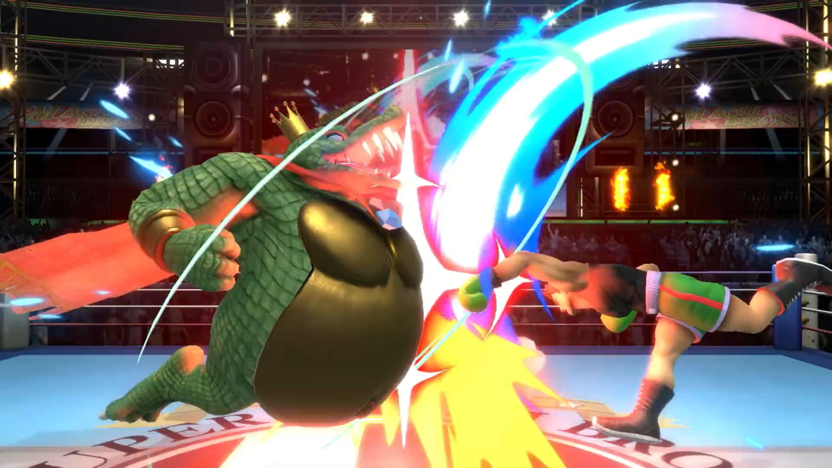 King K. Rool showing off the Super Armor on his belly-plate against Little Mac on the Boxing Ring stage.