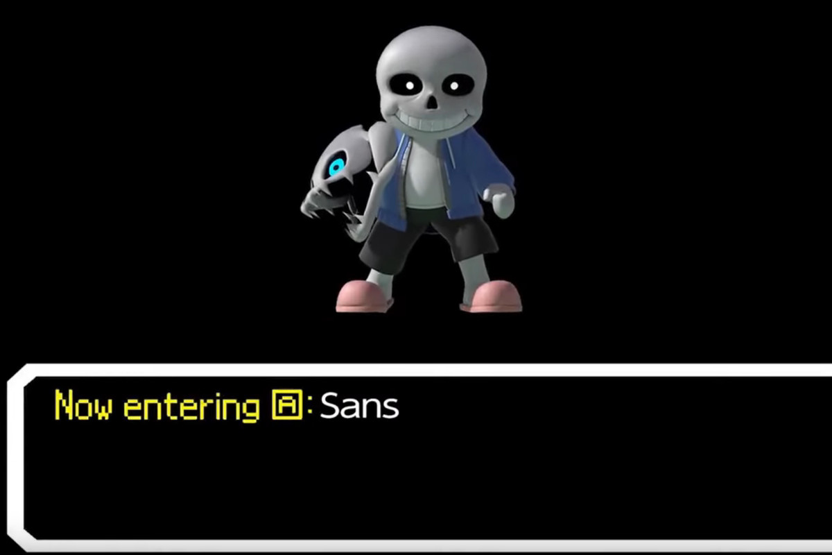 An announcement screen declaring that Sans has joined Super Smash Bros. Ultimate in the form of a Mii Costume!