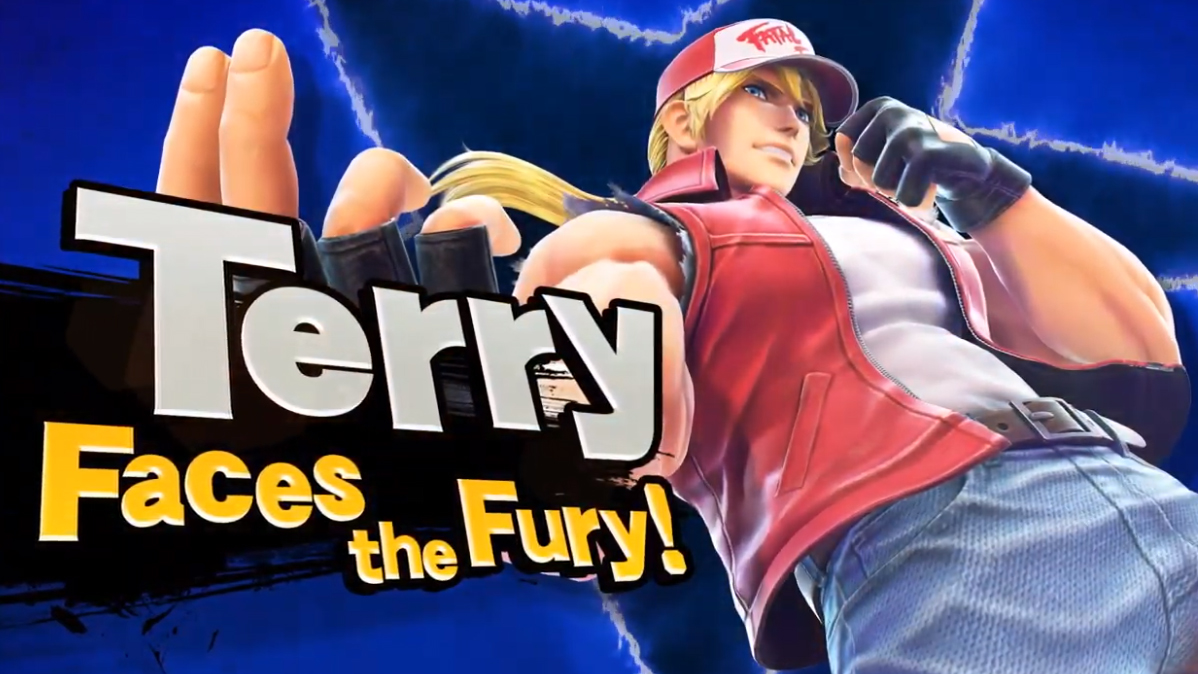 The announcement screen declaring that Terry Bogard from the Fatal Fury series has joined Super Smash Bros. Ultimate!